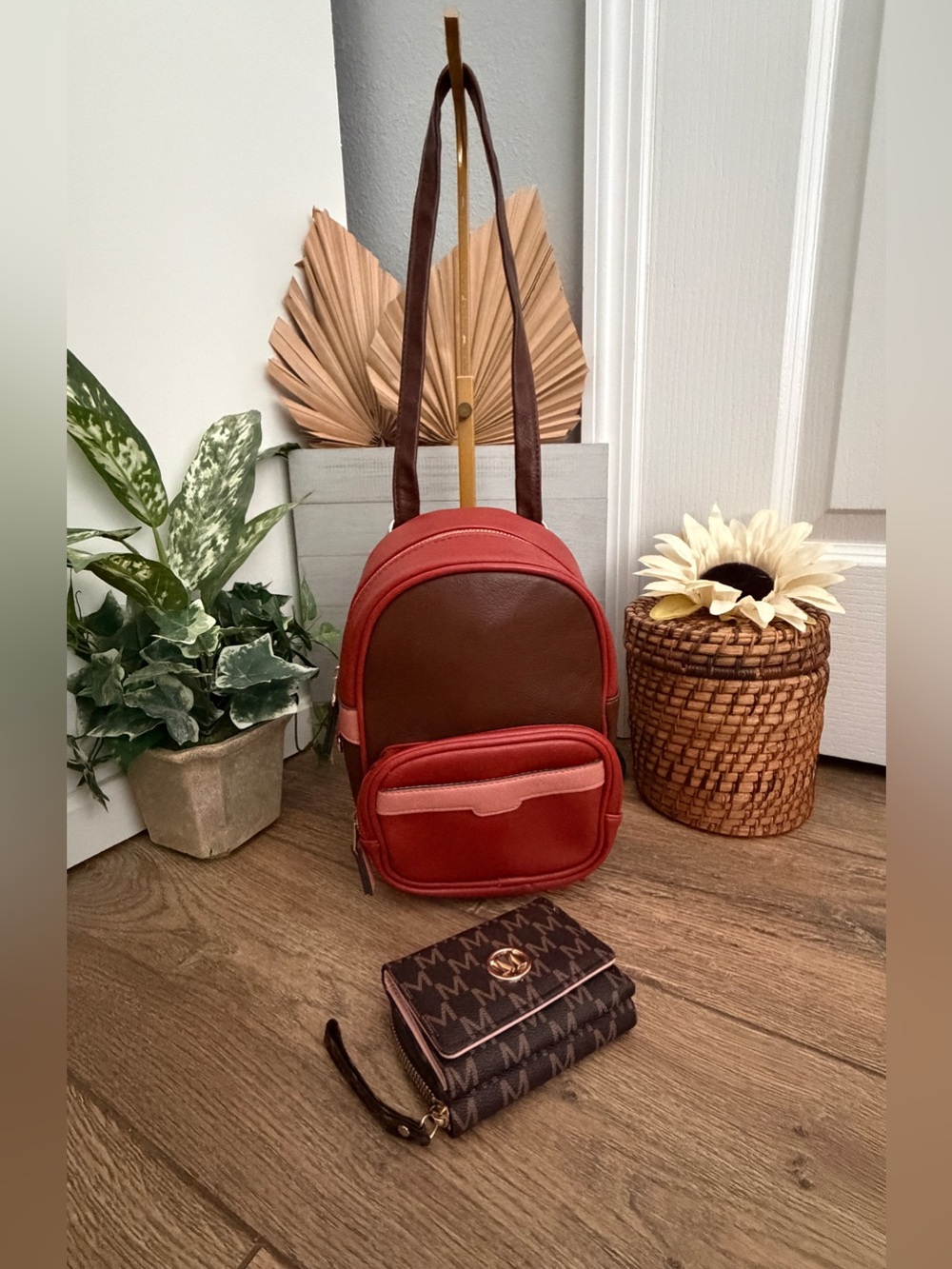 No Boundaries Compact 2-Tone Mini Backpack Purse in Brown & Burnt Orange